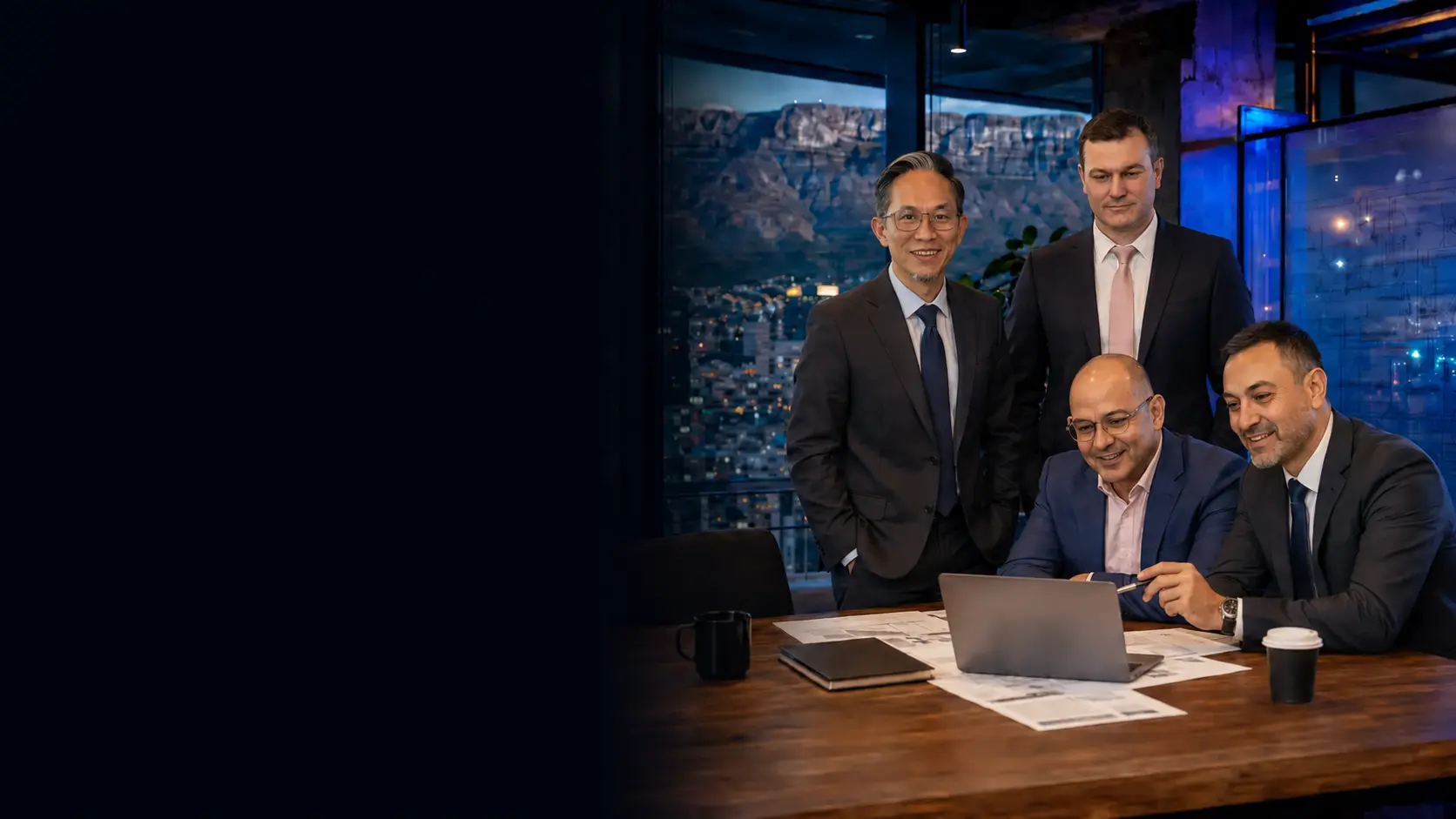 Johanne Lim, Danie Baard, Hendrik Visser, and Lionel collaborating in the MFI Cape Town studio